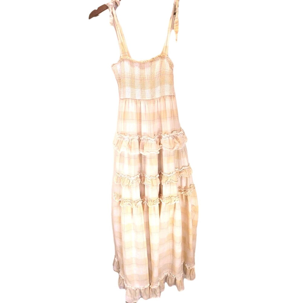 Storia Sunny Days Plaid Tiered Maxi Dress Smocked Ruffle Tie Strap Yellow  Sz S